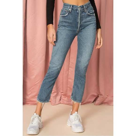 Agolde Riley Jeans 25 Denim Blue High Crop Straight Raw Hem Button Fly Classic - Picture 2 of 12